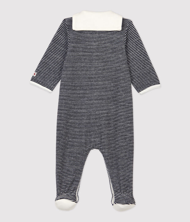 Pelele marinero de terciopelo de algod&oacute;n org&aacute;nico para beb&eacute; azul/blanco